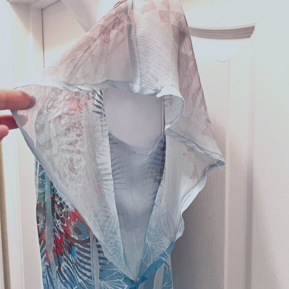 Bongo-Women's Sheer Short Flowy Sleeves Top-Necklace Built in-Med-Blue Boho - Picture 9 of 16